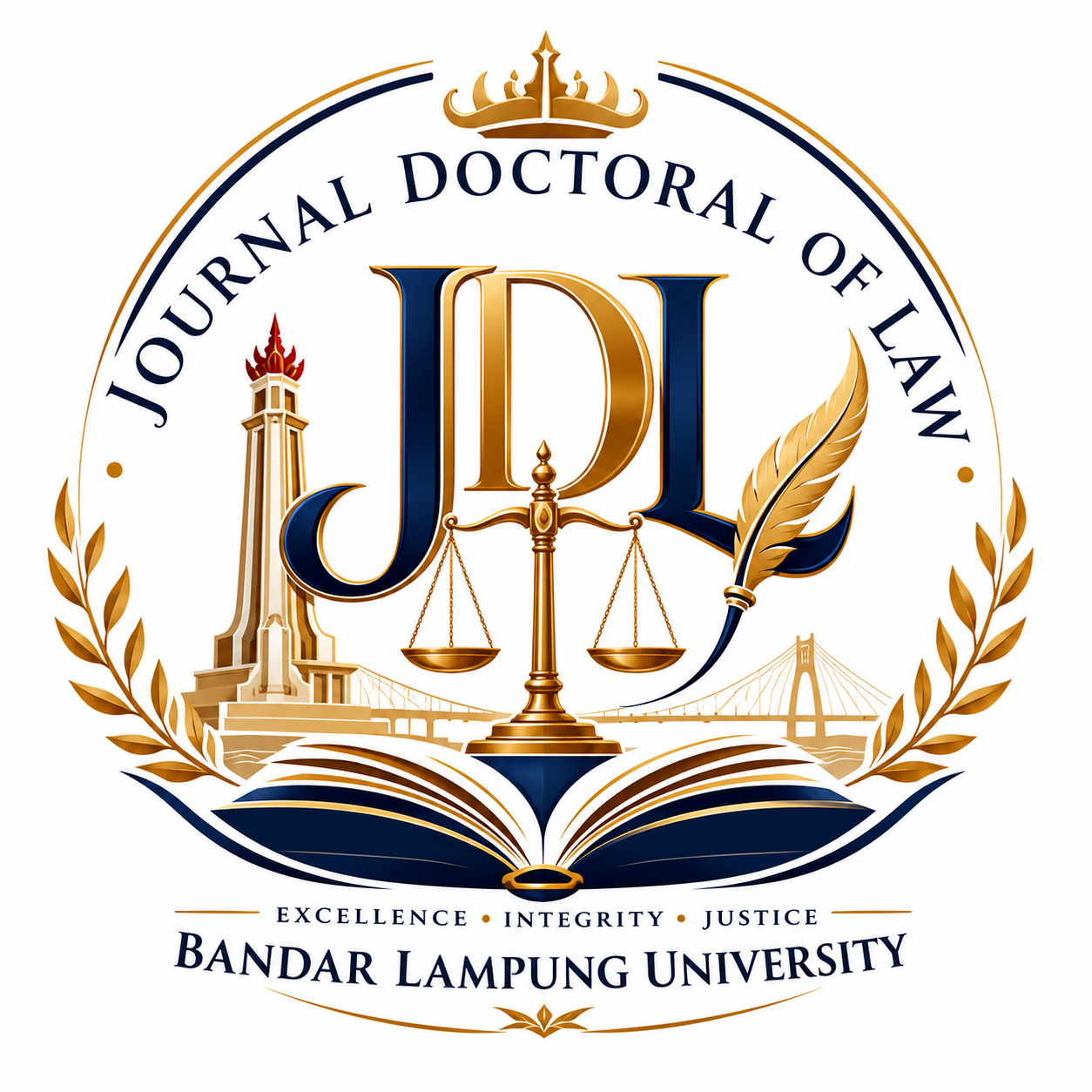 Logo resmi Journal Doctoral of Law – Bandar Lampung University berbentuk lambang akademik melingkar dengan dominasi warna biru tua dan emas. Di bagian tengah terdapat monogram 'JDL', timbangan keadilan, buku terbuka, dan pena sebagai simbol ilmu hukum dan penelitian. Di sisi kiri terdapat ikon Menara Siger Lampung, dikelilingi ranting laurel yang melambangkan prestasi akademik. Teks melingkar bertuliskan 'Journal Doctoral of Law' di bagian atas dan 'Bandar Lampung University' di bagian bawah, dengan moto 'Excellence • Integrity • Justice'